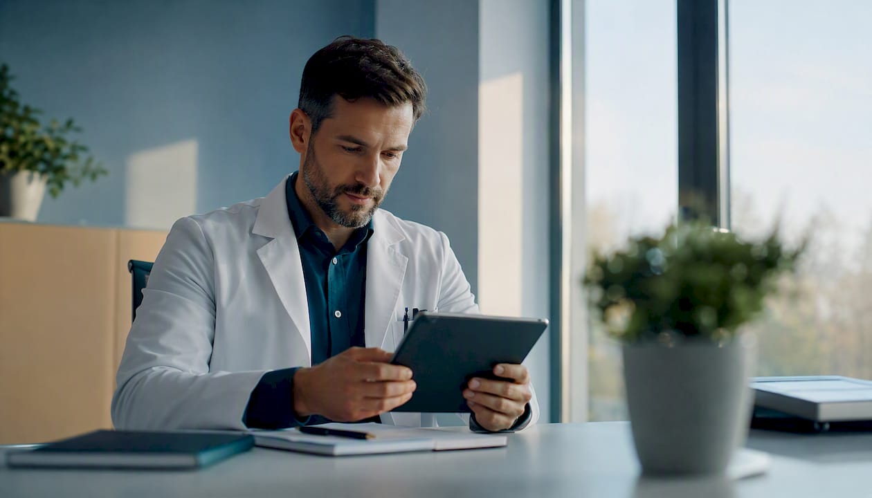 Der Arzt stellt das Rezept direkt digital auf dem Tablet aus.