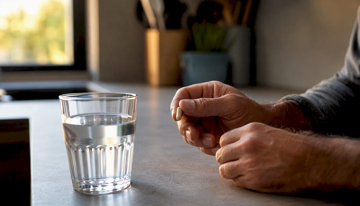 Jemand nimmt Tabletten mit einem Glas Wasser ein.