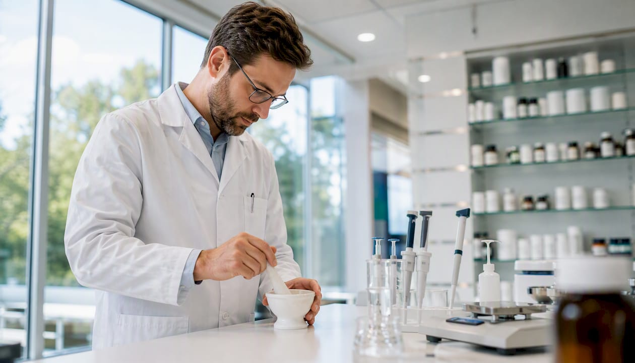 In einem sterilen Labor stellt eine Apothekerin individuell dosierte Cannabis-Medikamente her.