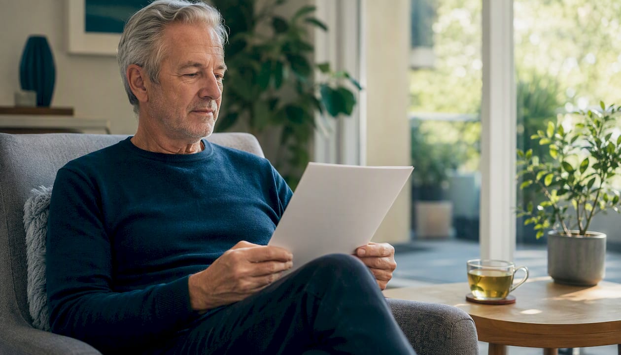 Ein Patient sitzt zu Hause am Schreibtisch und stellt seine Medikamentenliste zusammen.