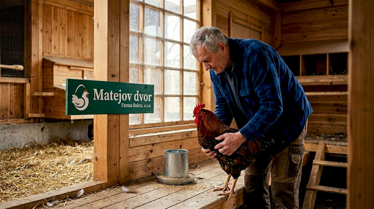 Farmár si rukami dôkladne prezerá kohúta, aby posúdil jeho kvalitu.