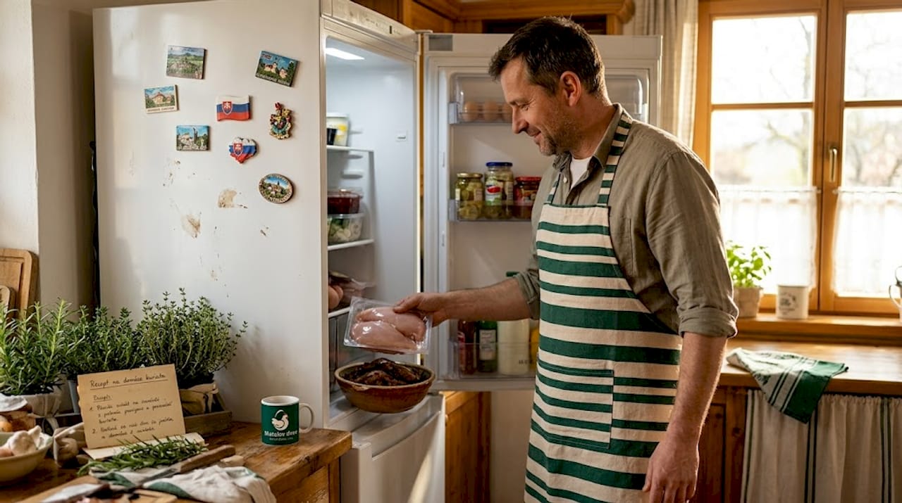 Muž si porovnáva kurča z obchodu s tým, ktoré si pripravil doma.