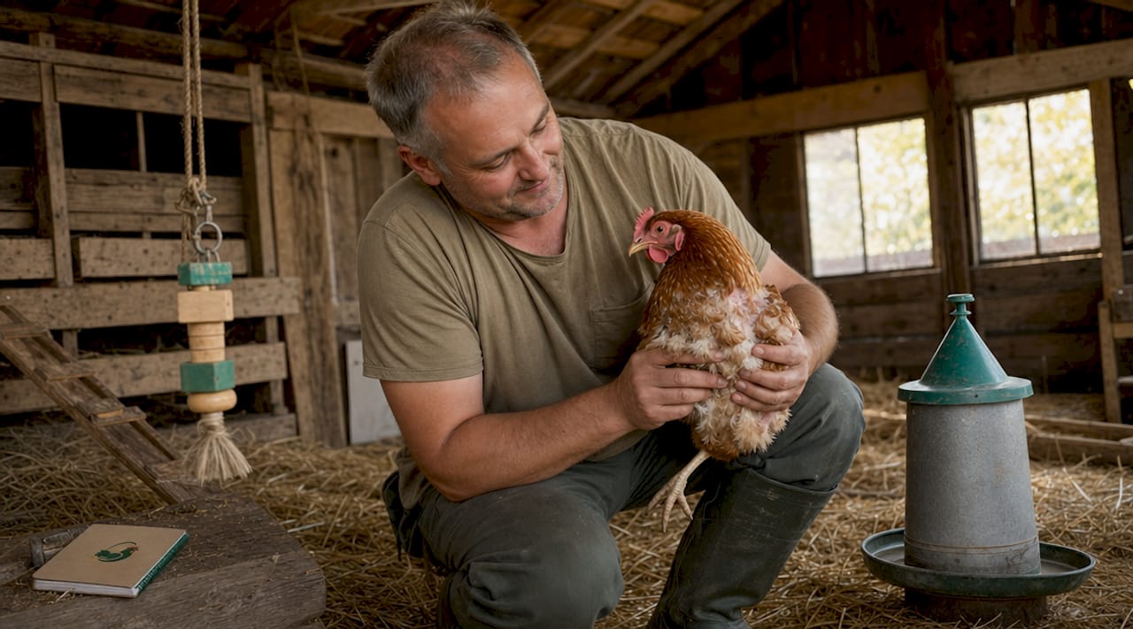 Slovenský farmár si vo voliére pozorne prezerá sliepku, ktorá práve preperuje.