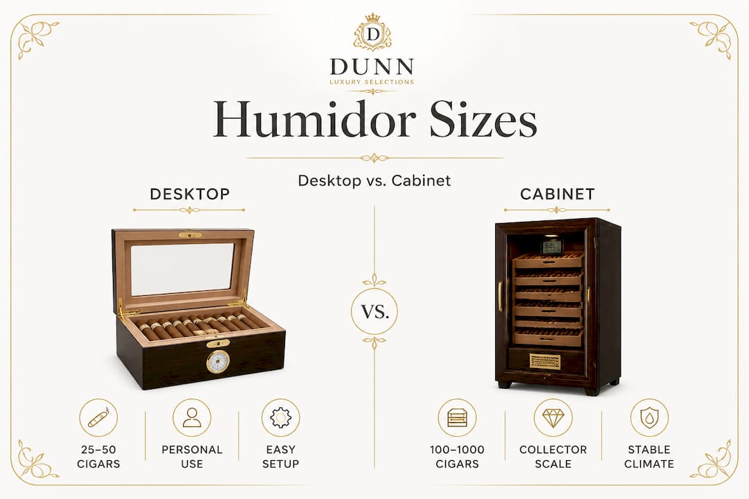 Infographic comparing desktop and cabinet humidor sizes