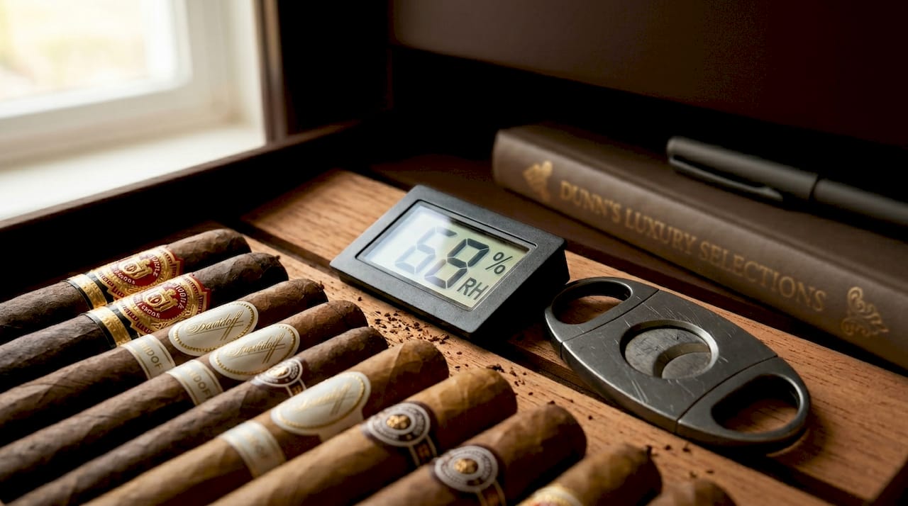 Digital hygrometer inside cigar storage drawer