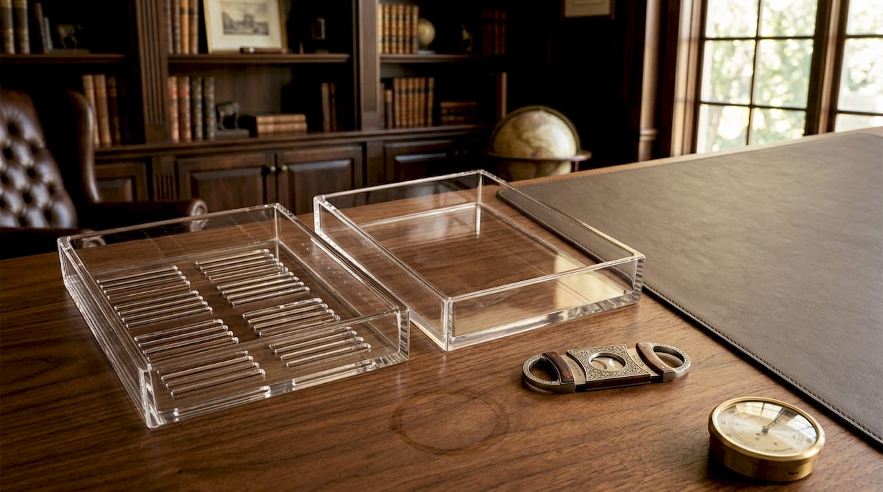 Acrylic humidor trays on wood desk