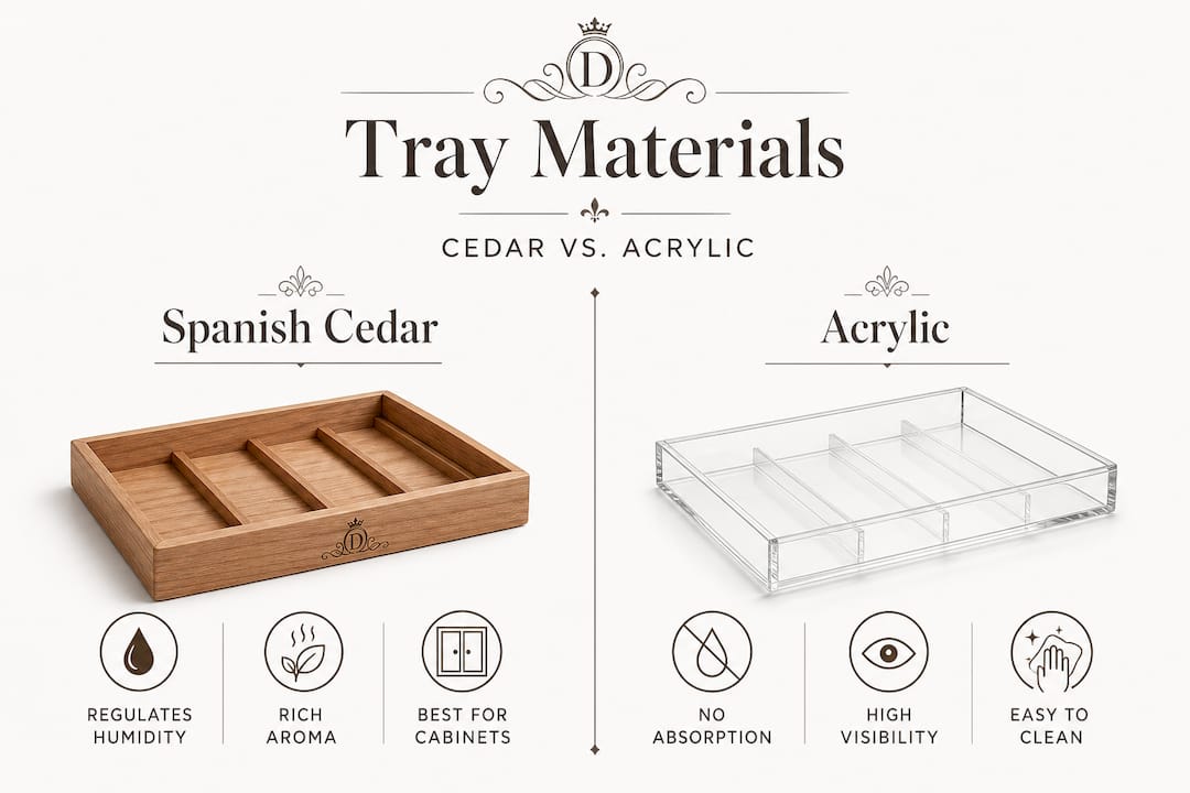 Infographic comparing cedar and acrylic tray features