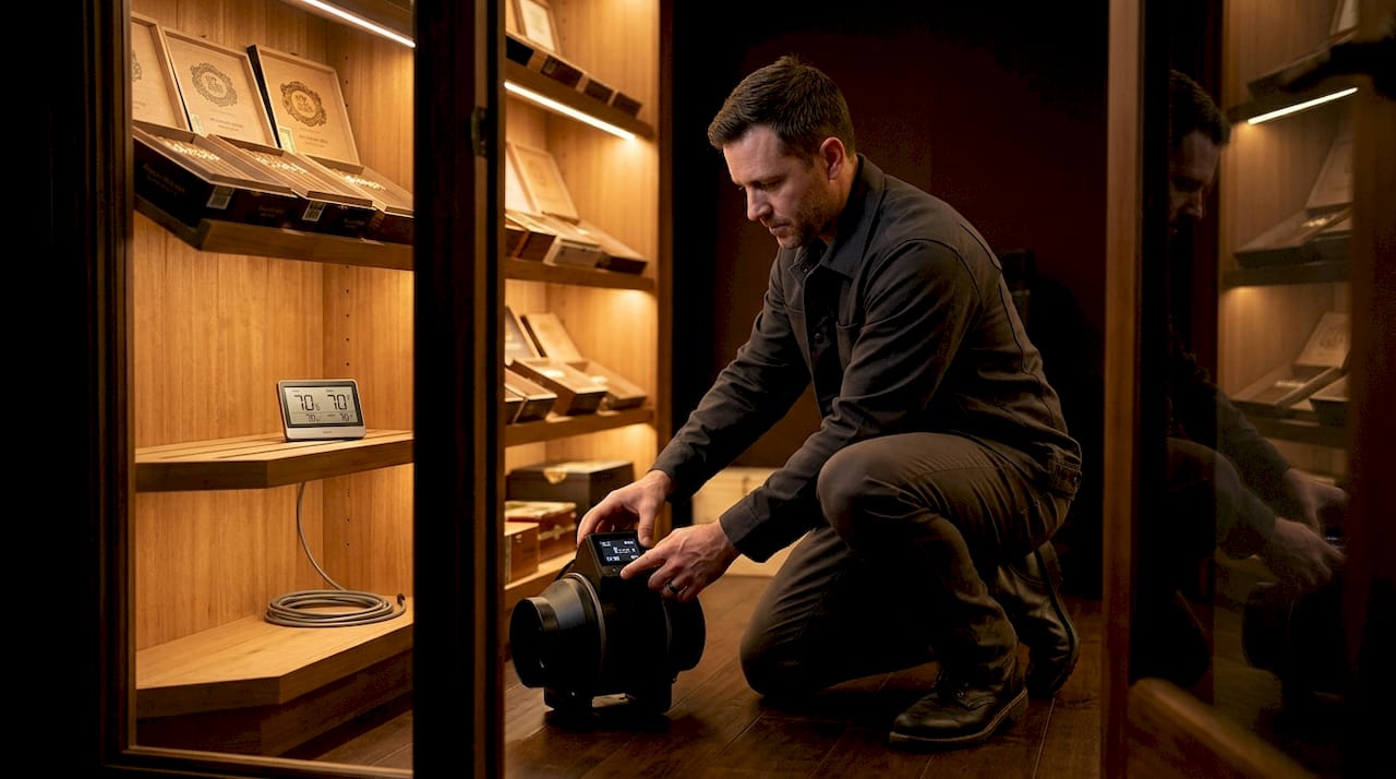 Technician adjusting humidor ventilation fan