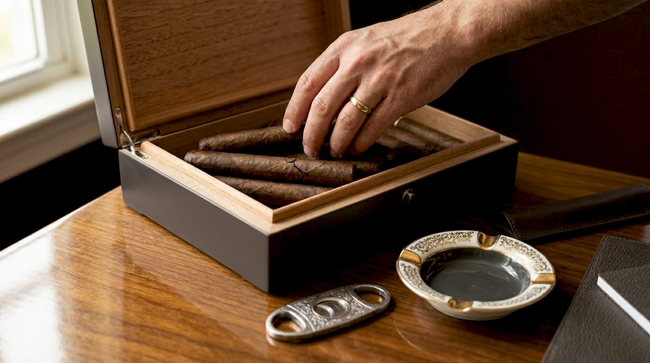 Hand arranging cigars in cedar-lined humidor