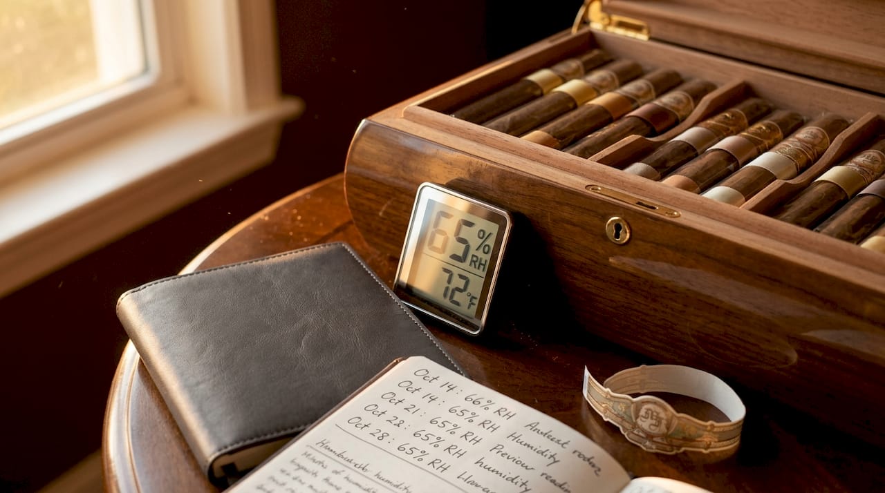 Digital hygrometer reading on wooden humidor