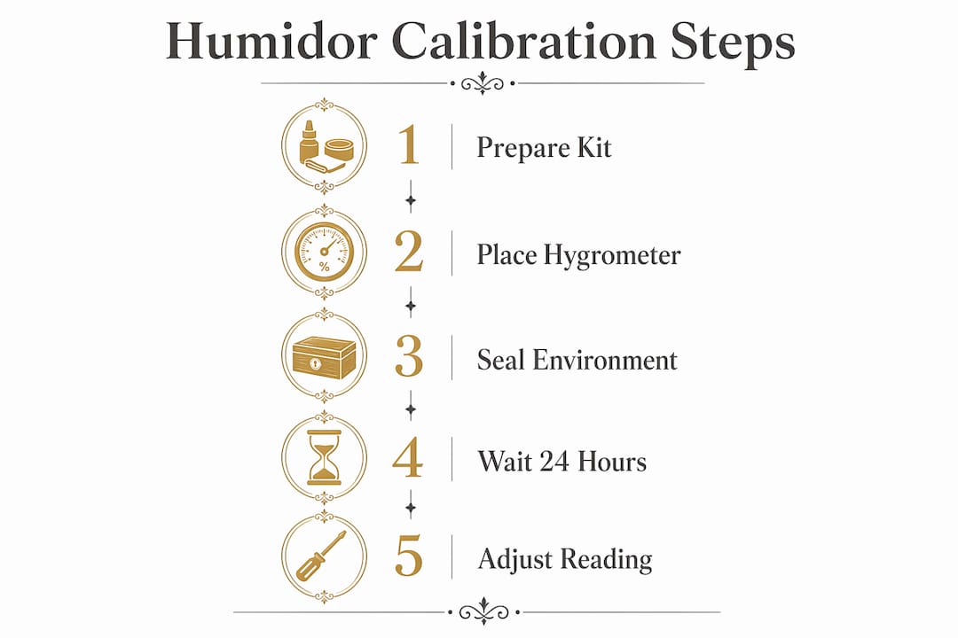 Infographic showing five humidor calibration steps