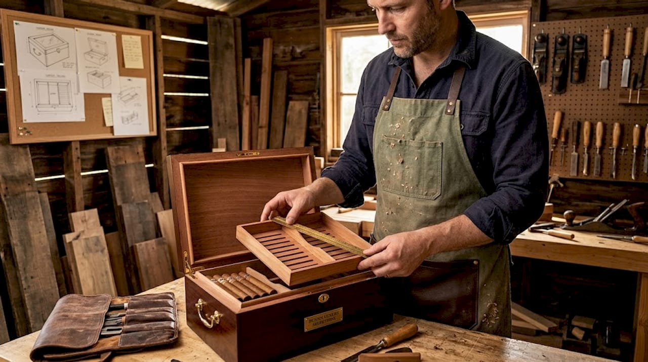 Craftsman arranging cigars in custom humidor layout