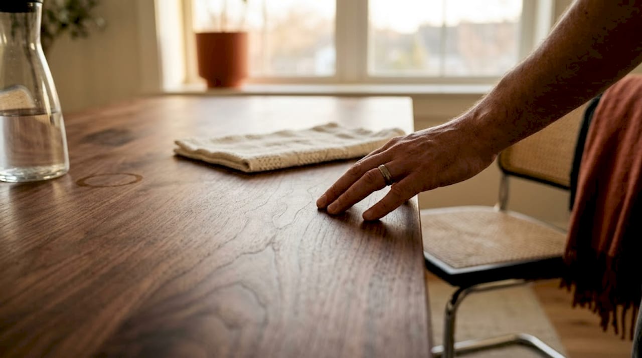 Hand examining solid wood table finish