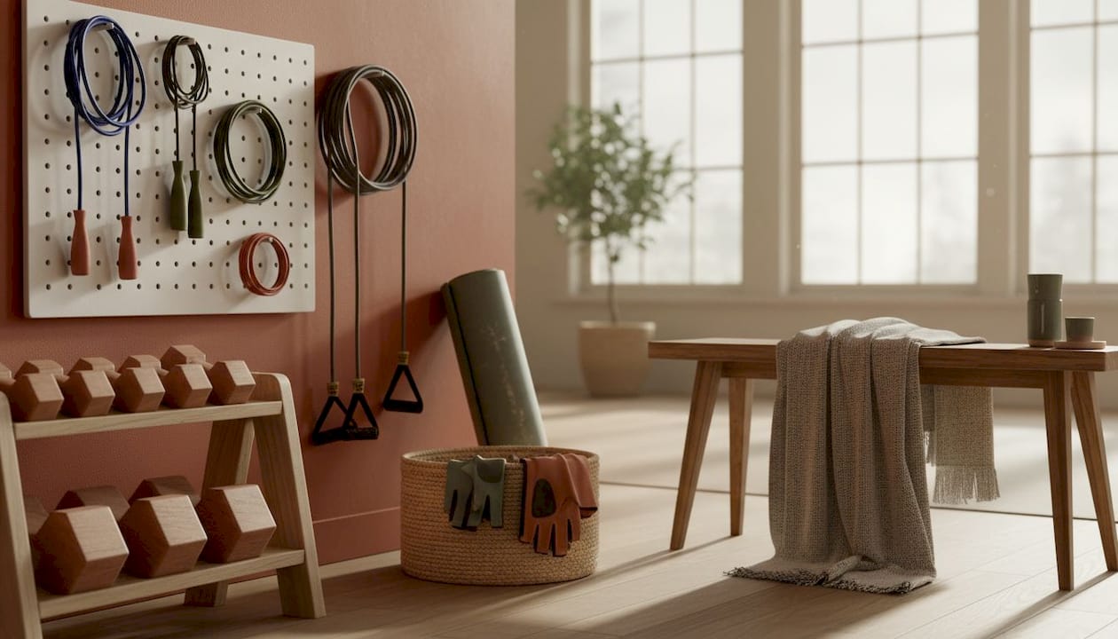 Small gym accessories stored on pegboard and rack