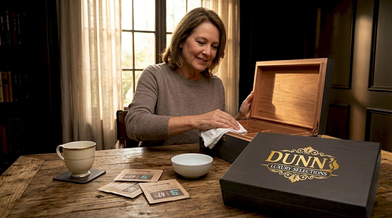 Woman seasoning cedar humidor interior