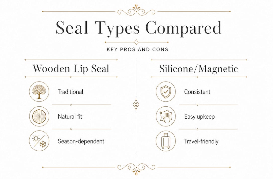 Infographic comparing wooden vs silicone humidor seals