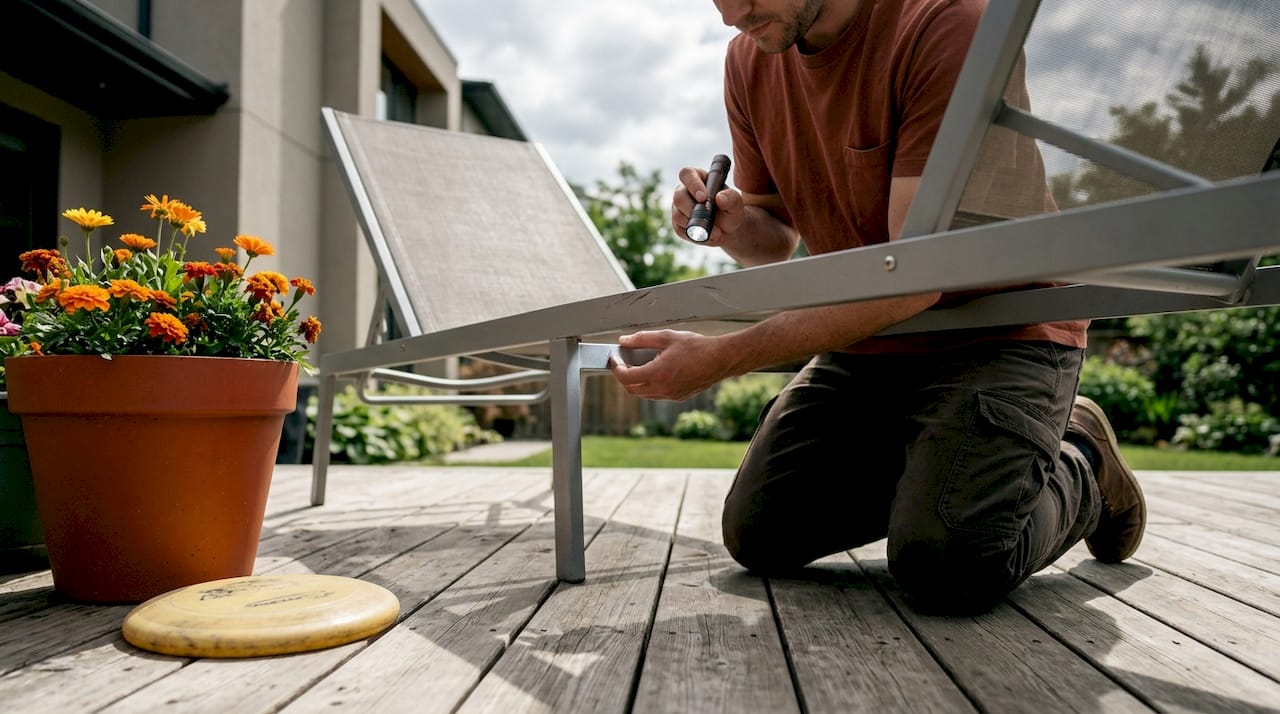 Inspecting aluminum outdoor chair frame closely