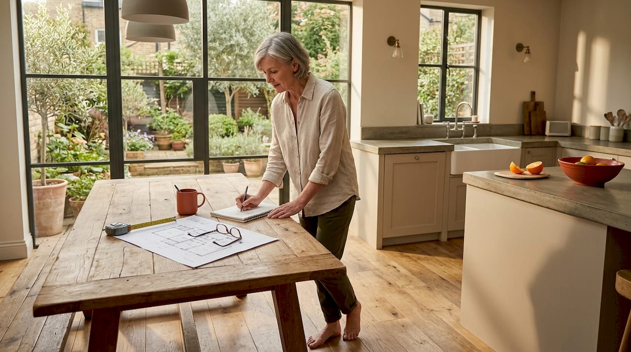 Woman planning home with floorplan sketch
