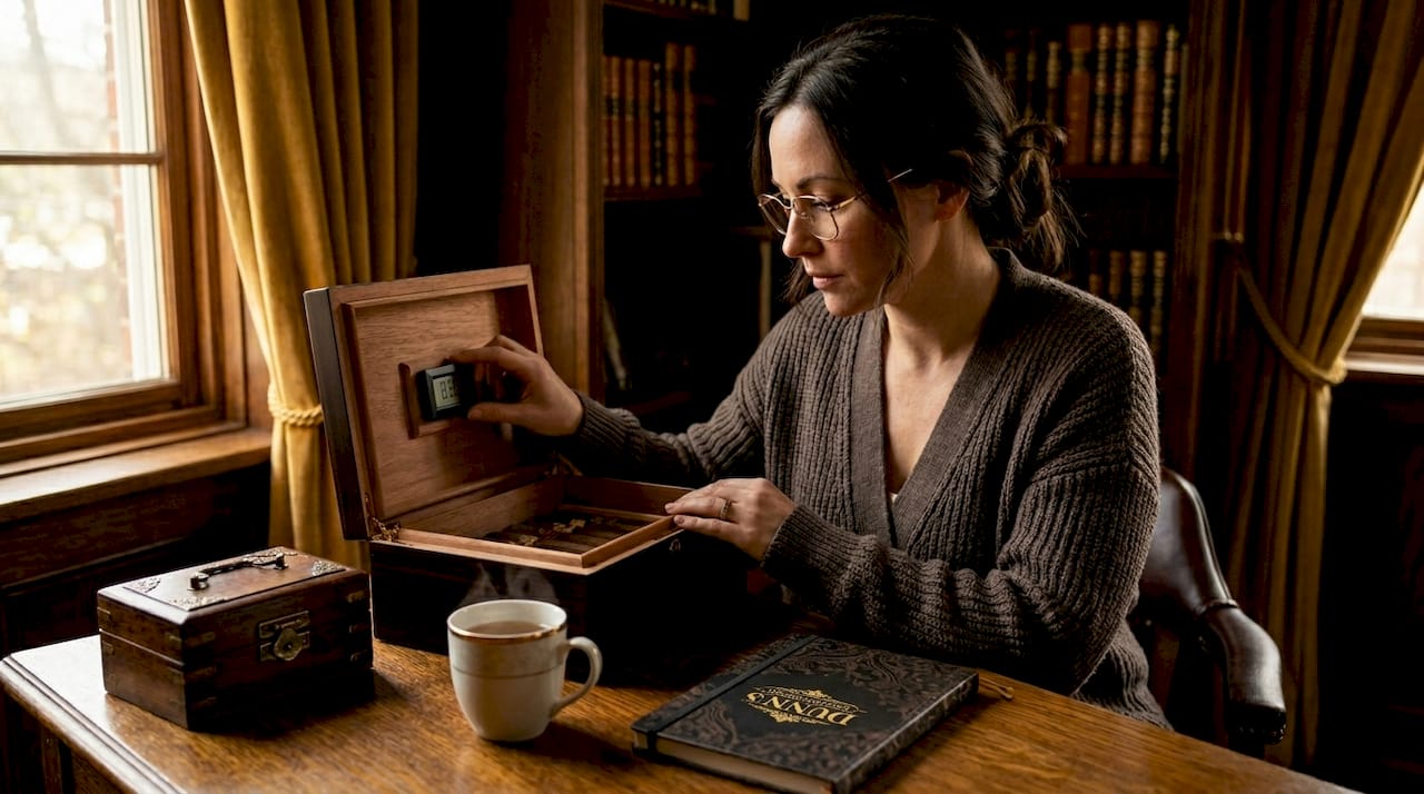 Collector calibrates digital hygrometer on desk