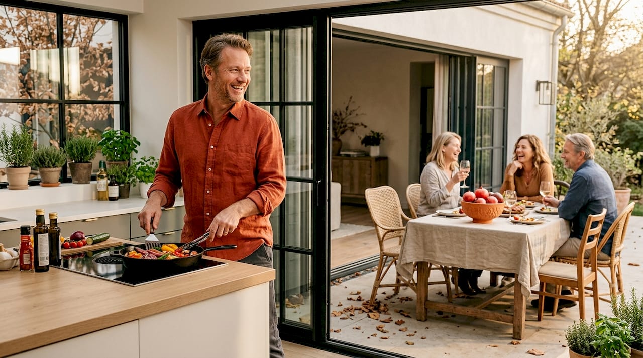 Man cooking in kitchen open to patio dining
