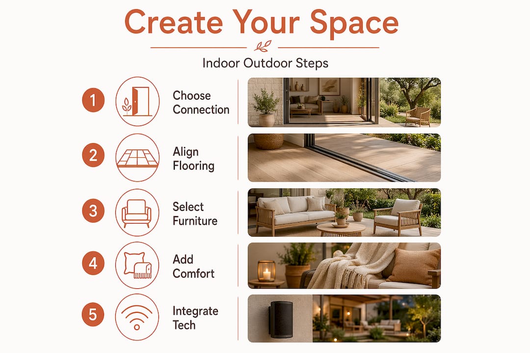 Vertical infographic shows indoor outdoor living steps