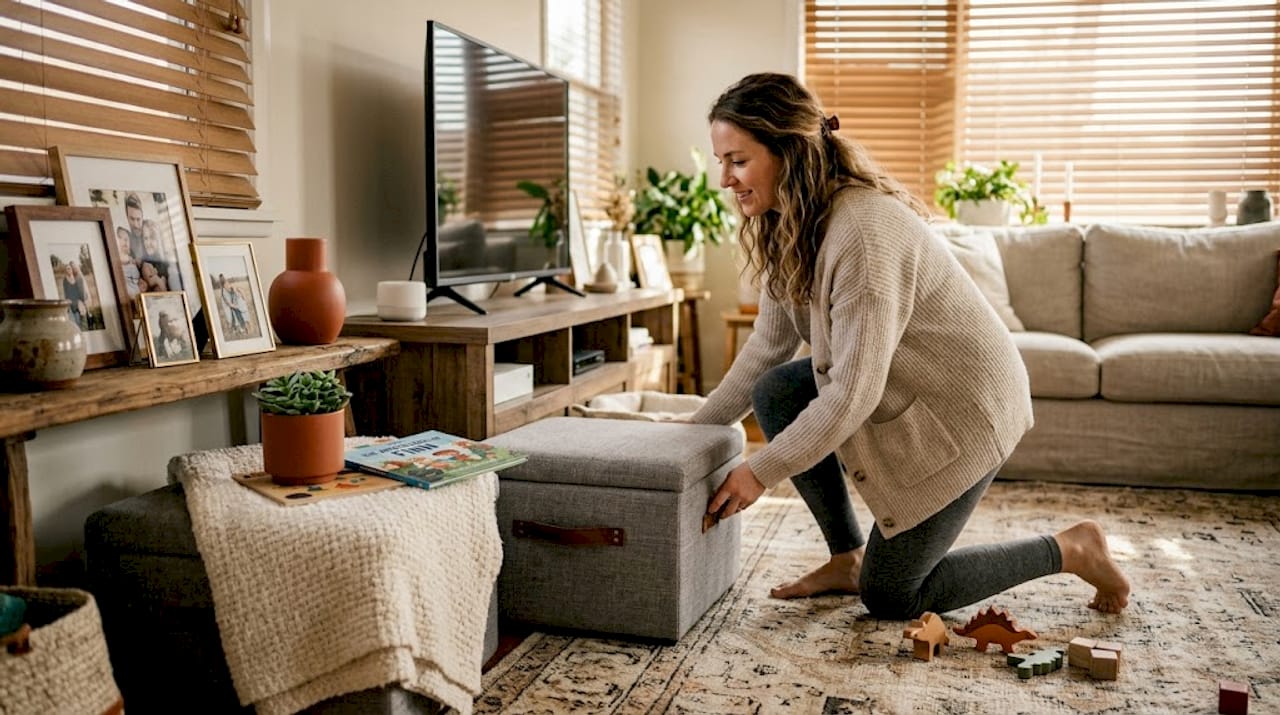 Woman using storage ottoman in small living room