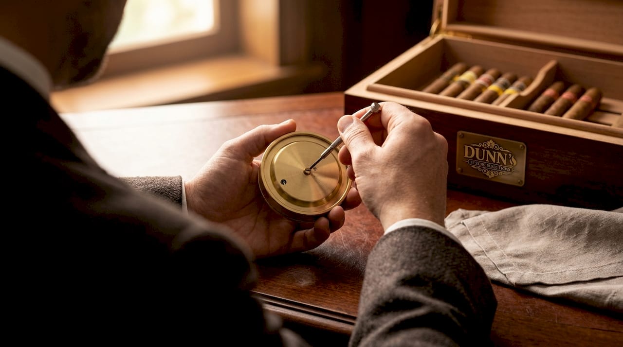 Close-up hands adjusting analog hygrometer
