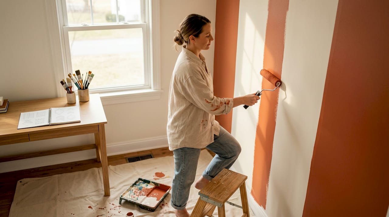 Designer painting vertical stripes on wall