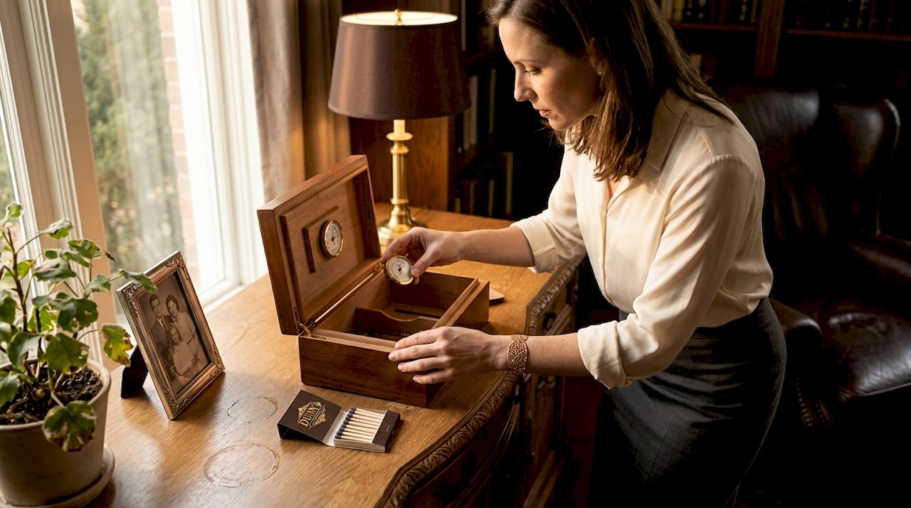Woman checking hygrometer inside cedar humidor