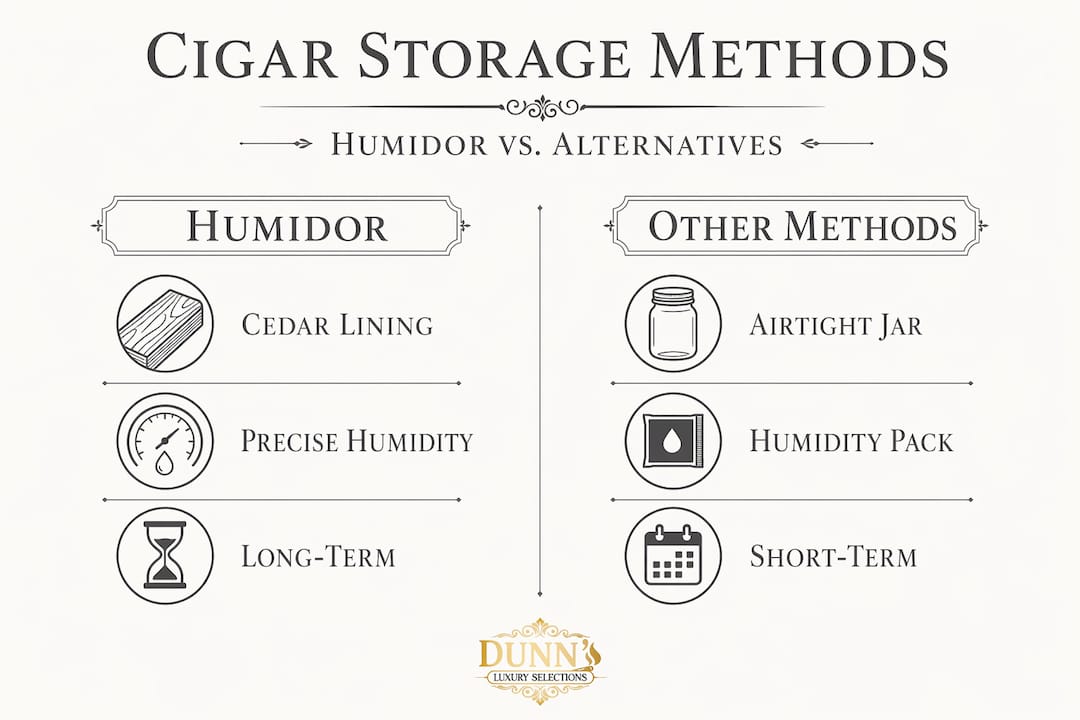 Split infographic comparing humidor and other cigar storage methods