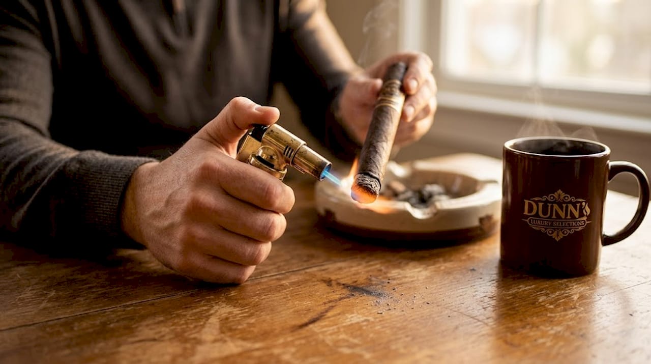 Close up of torch lighter toasting cigar