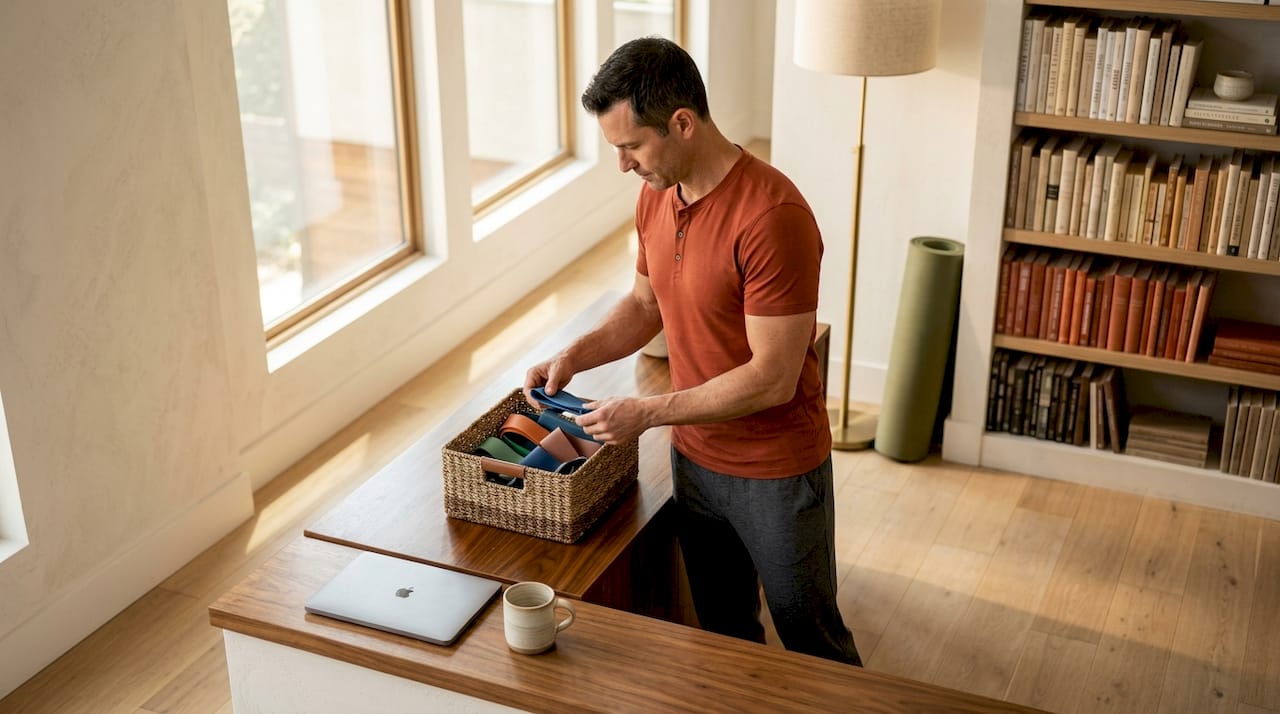 Man organizing fitness gear in home office