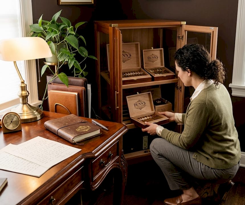 Woman checks cabinet humidor in home office