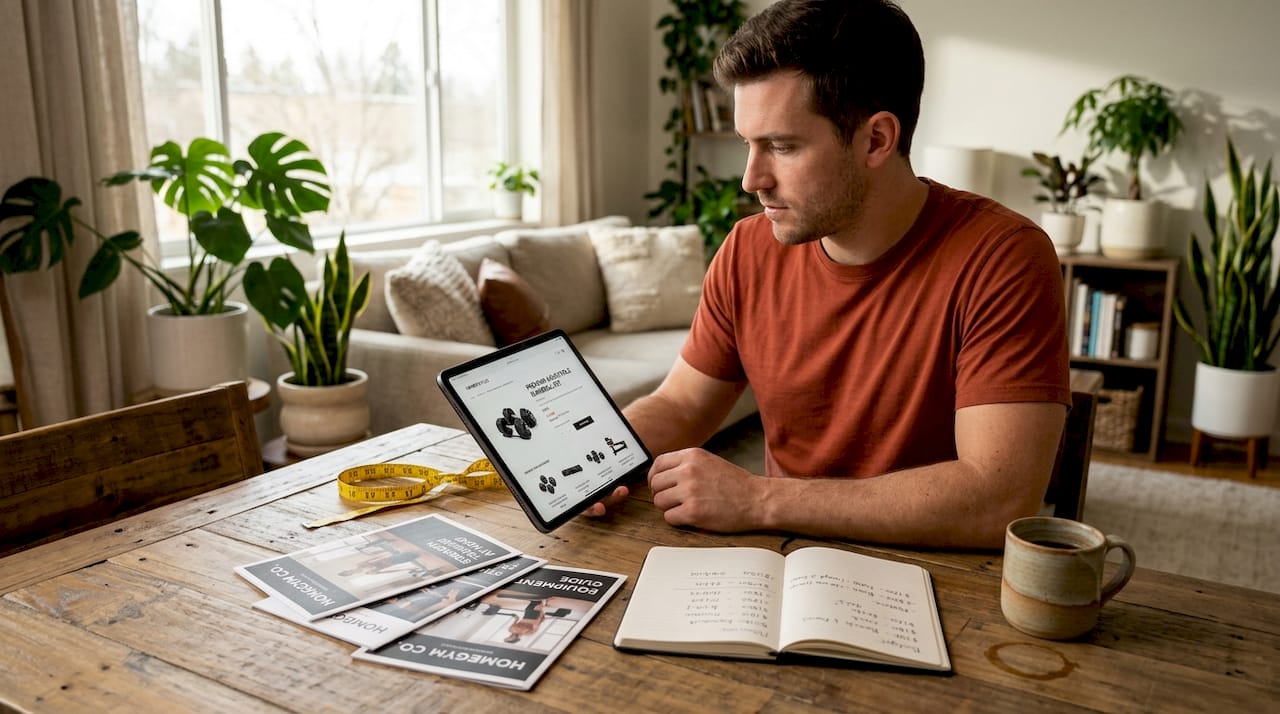 Man researches home gym gear purchase options