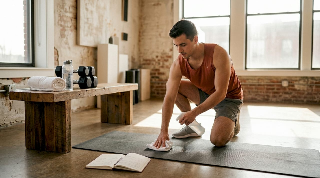 Man in home gym with organized equipment