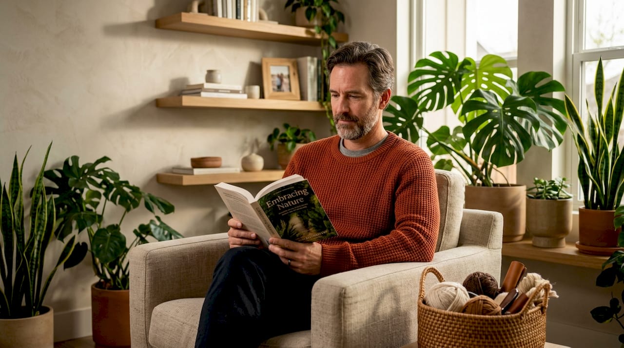 Man reading beside indoor plant corner