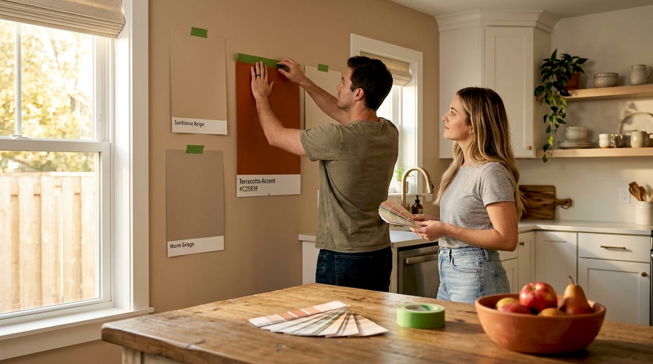 Couple taping paint samples to kitchen wall
