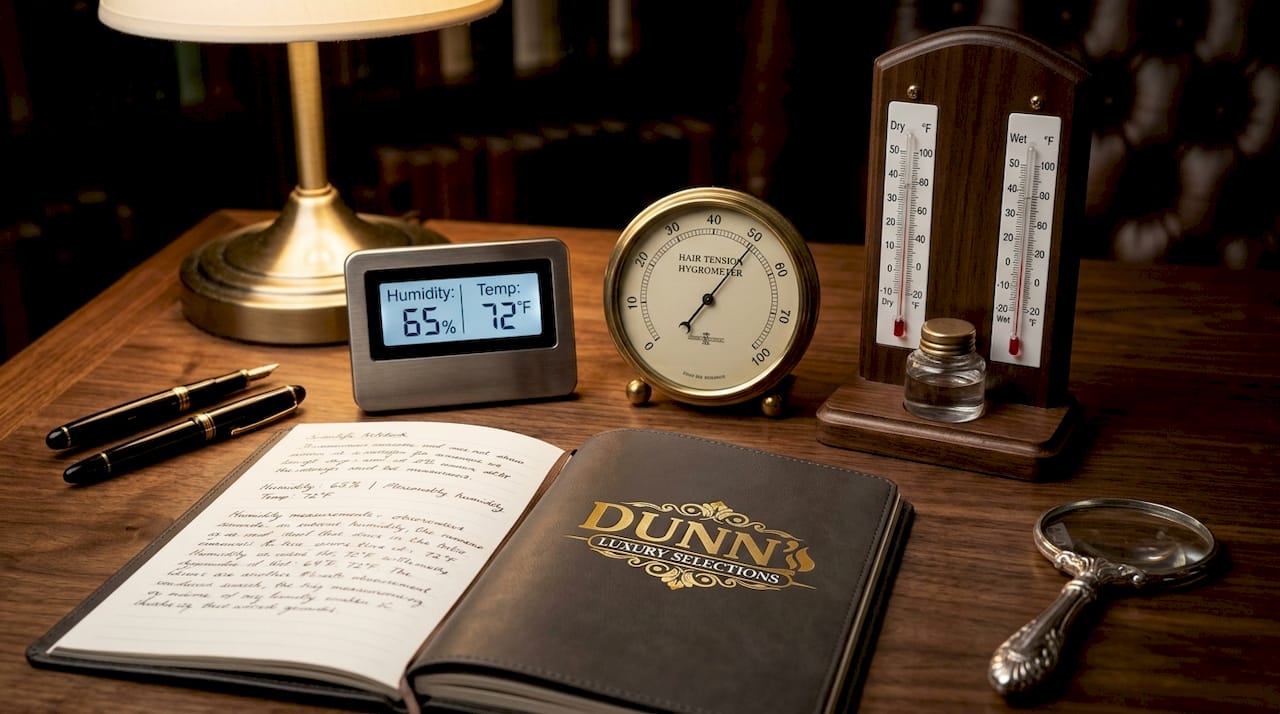 Three types of hygrometers side-by-side on desk