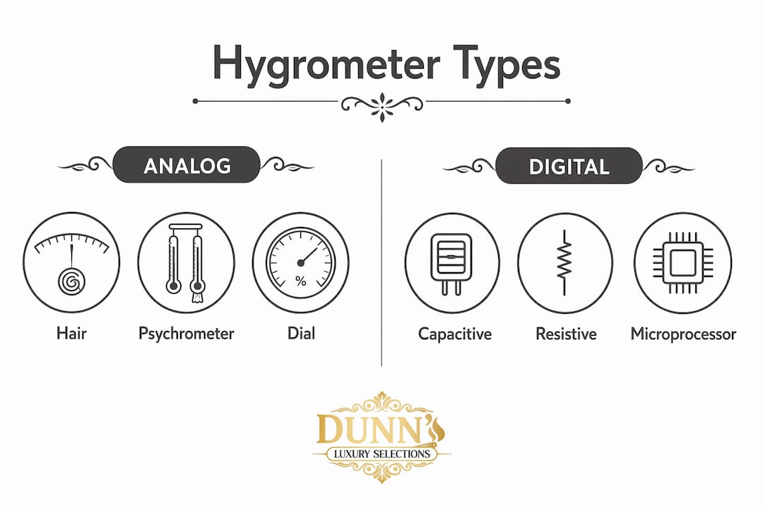 Infographic comparing analog and digital hygrometer types