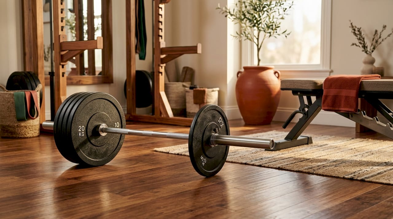 Olympic barbell with weight plates on rubber flooring