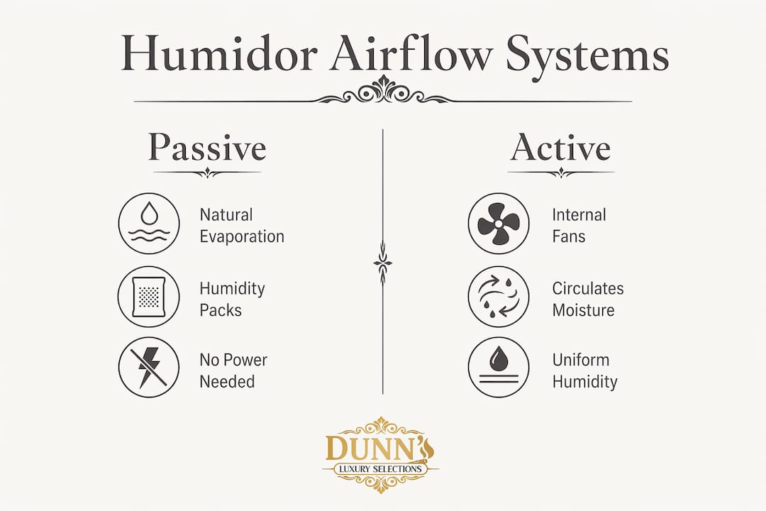 Infographic comparing passive and active humidor airflow systems