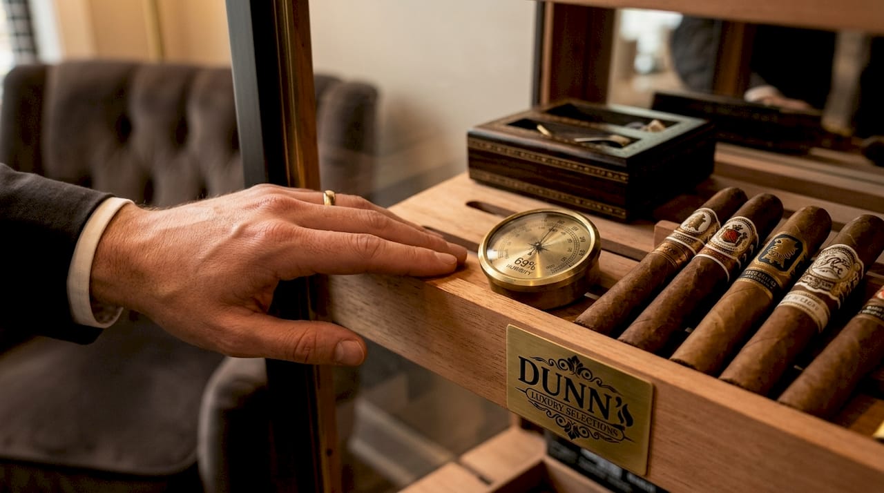 Hand touching Spanish cedar shelf in humidor