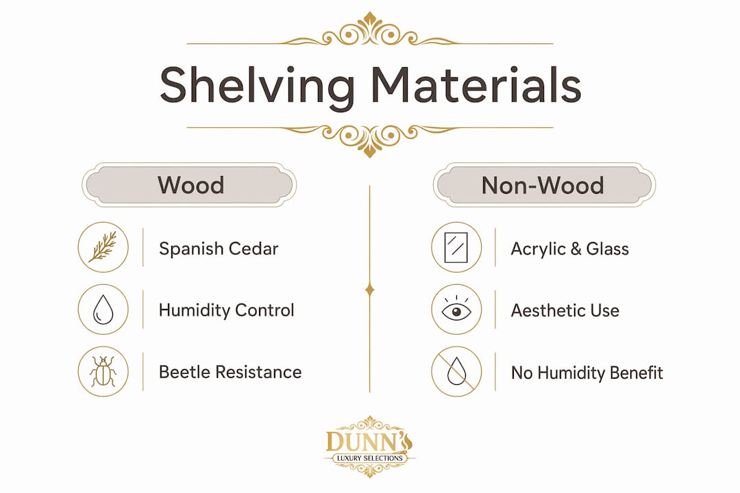 Infographic comparing wood vs non-wood humidor shelves