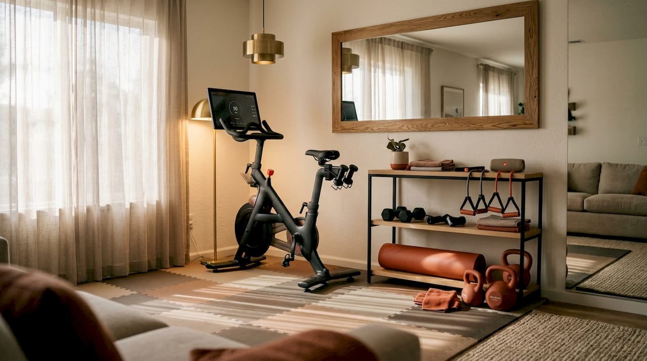 Living room gym corner lighting and flooring