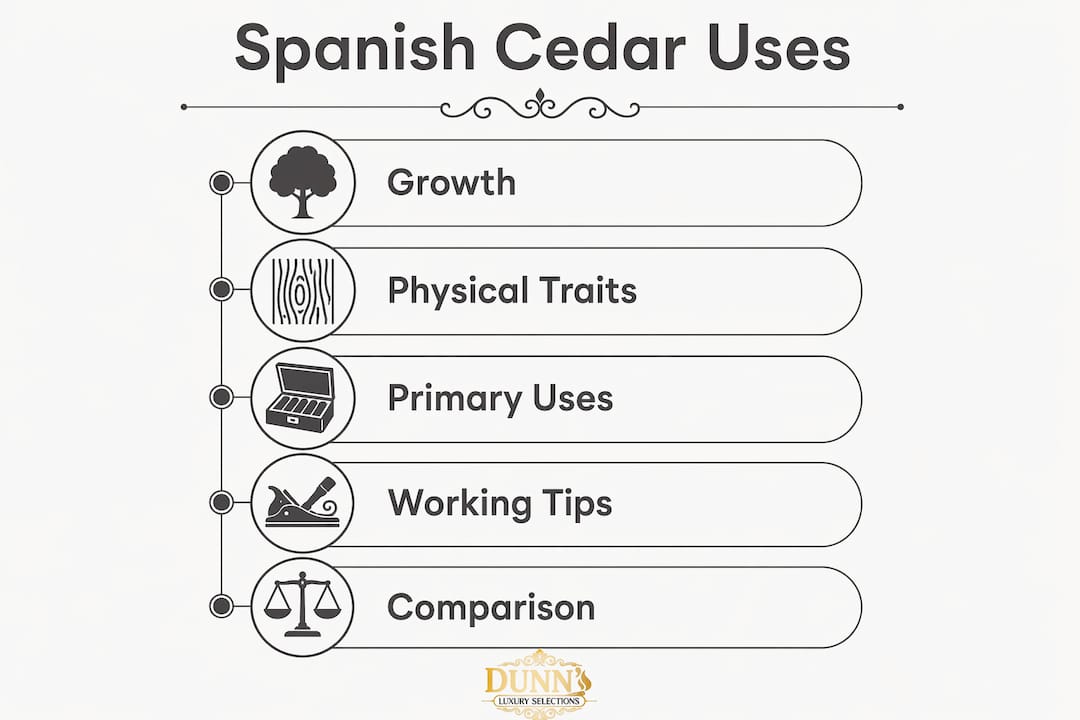 Infographic showing Spanish cedar properties and primary uses