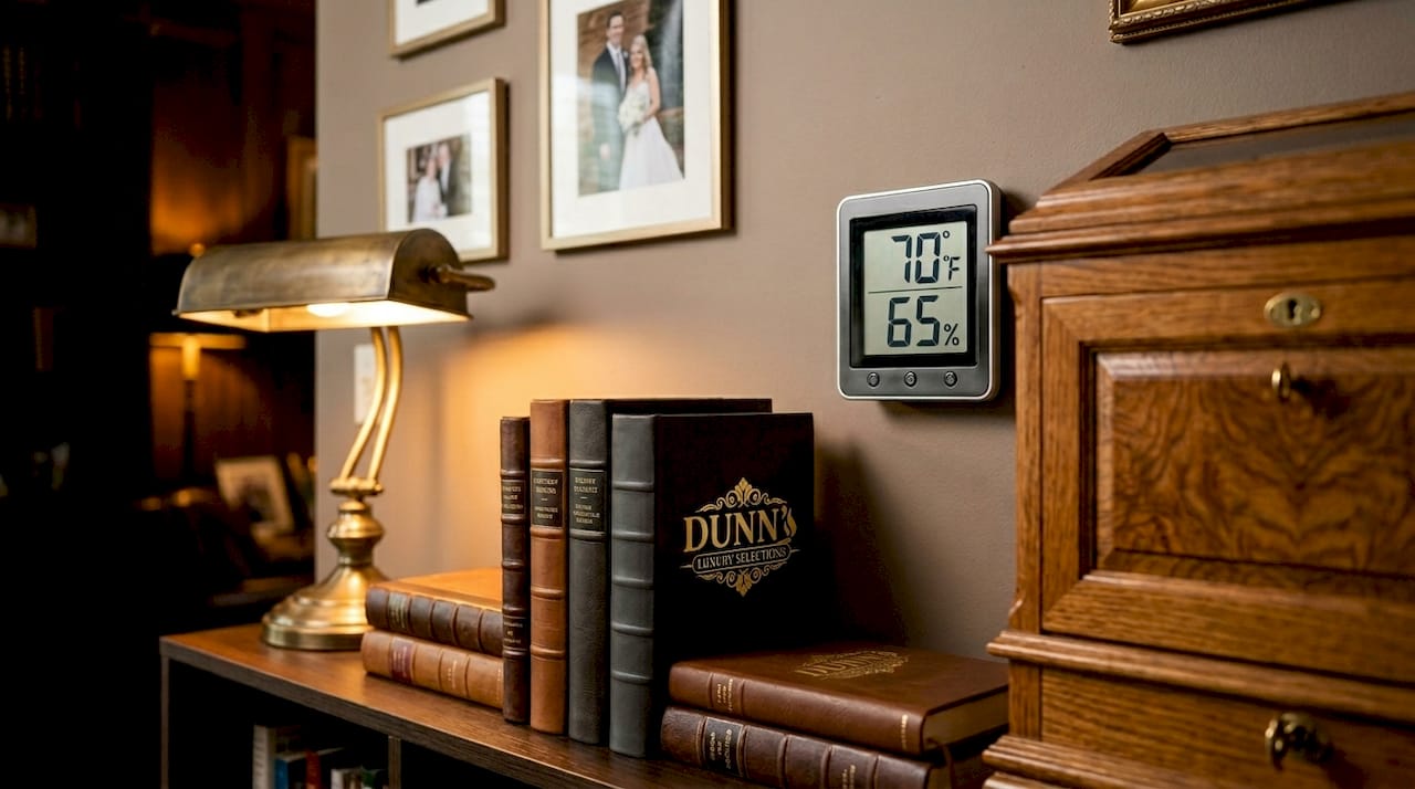 Digital hygrometer and thermometer near humidor