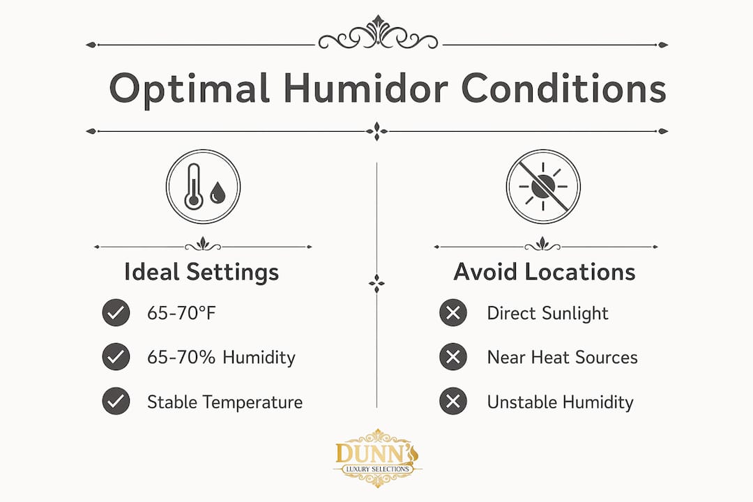 Infographic showing ideal vs avoid humidor conditions