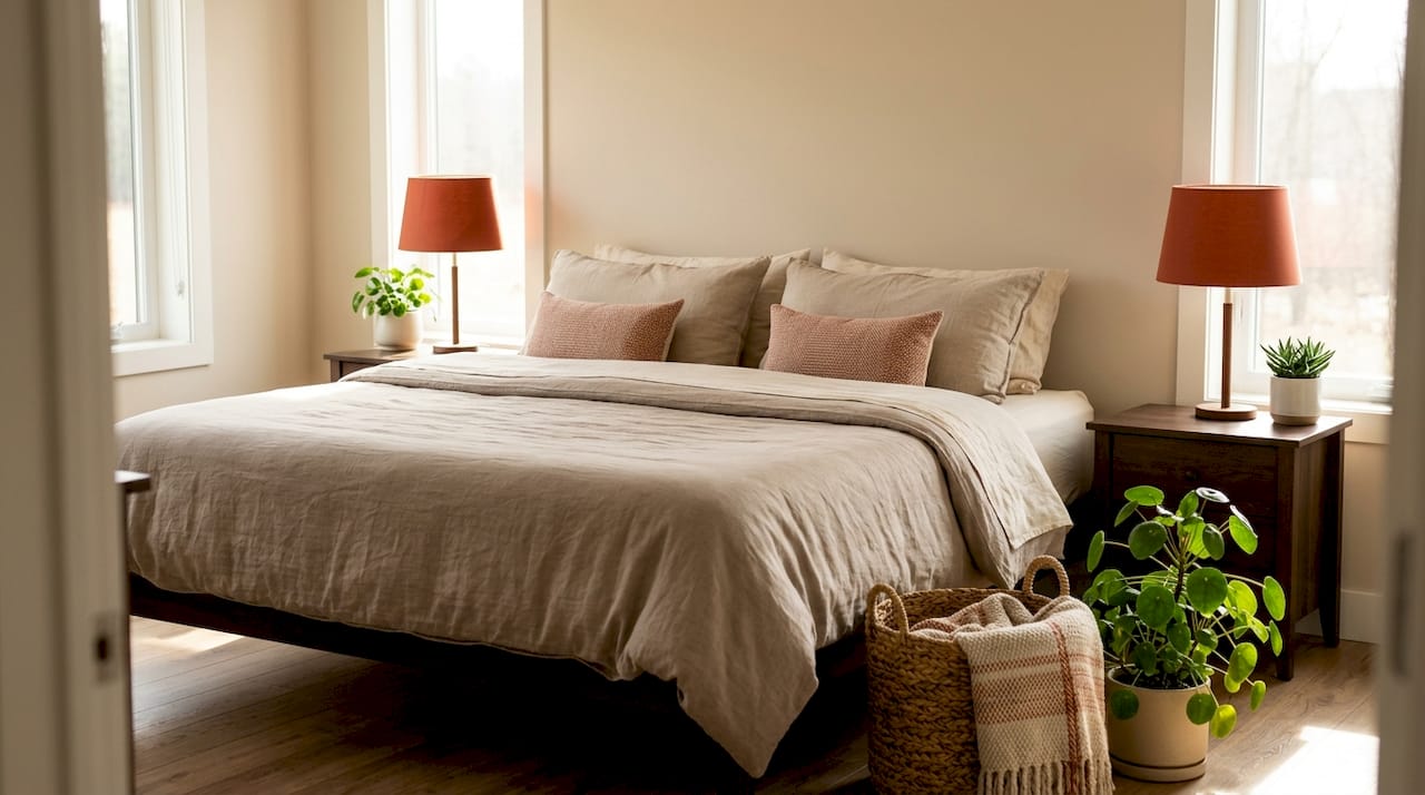 Symmetrical bedroom with centered bed and nightstands