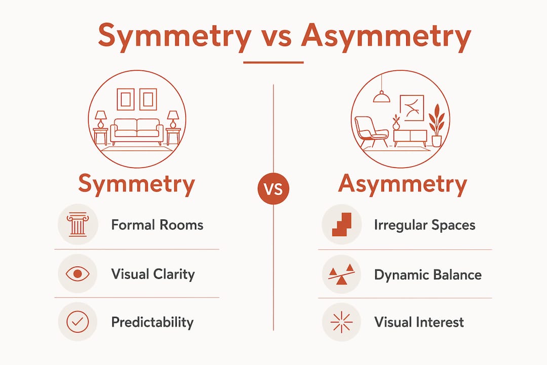 Infographic comparing symmetry and asymmetry in interior design