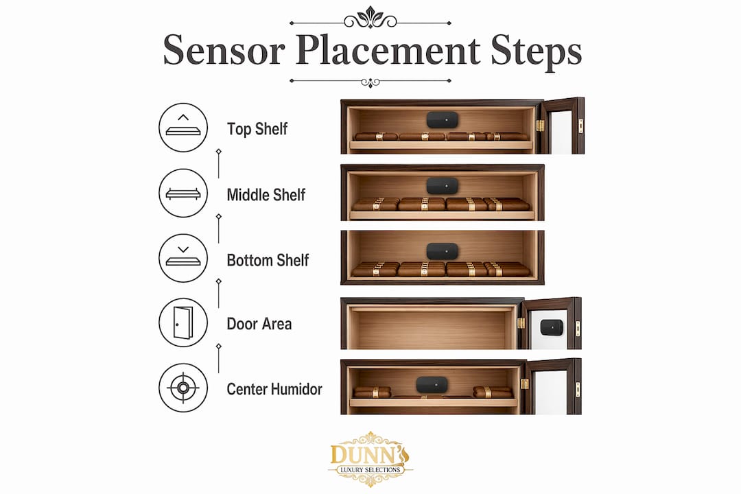 Infographic showing steps for sensor placement in humidor